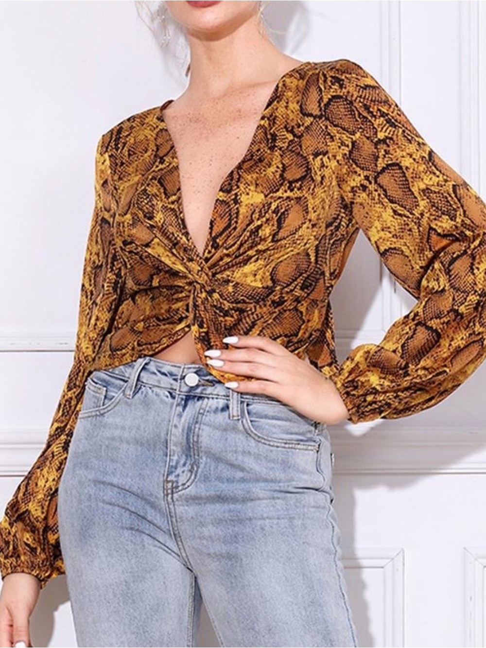 Superdown from Revolve Yellow & Brown Snake-Print Twist Front Blouse